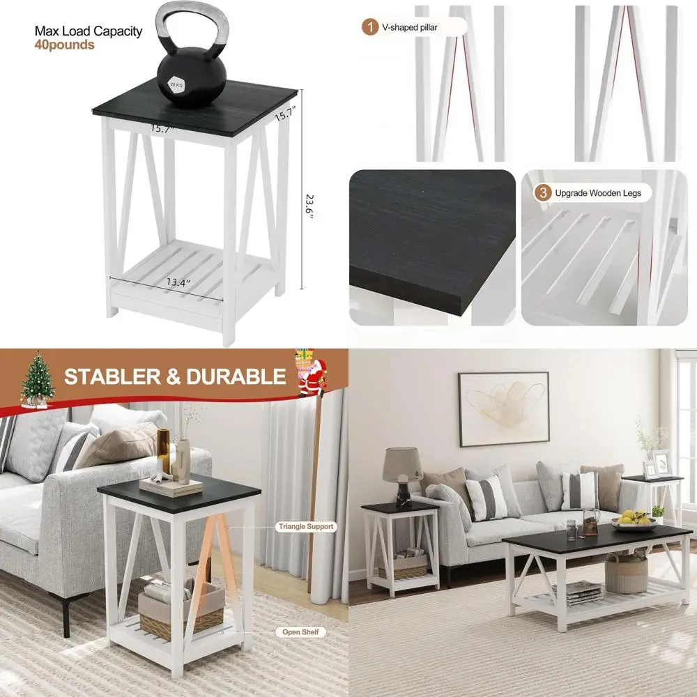 

Oak Black Slat-Design Farmhouse Accent Table for Living Room, Sturdy Frame Side Table