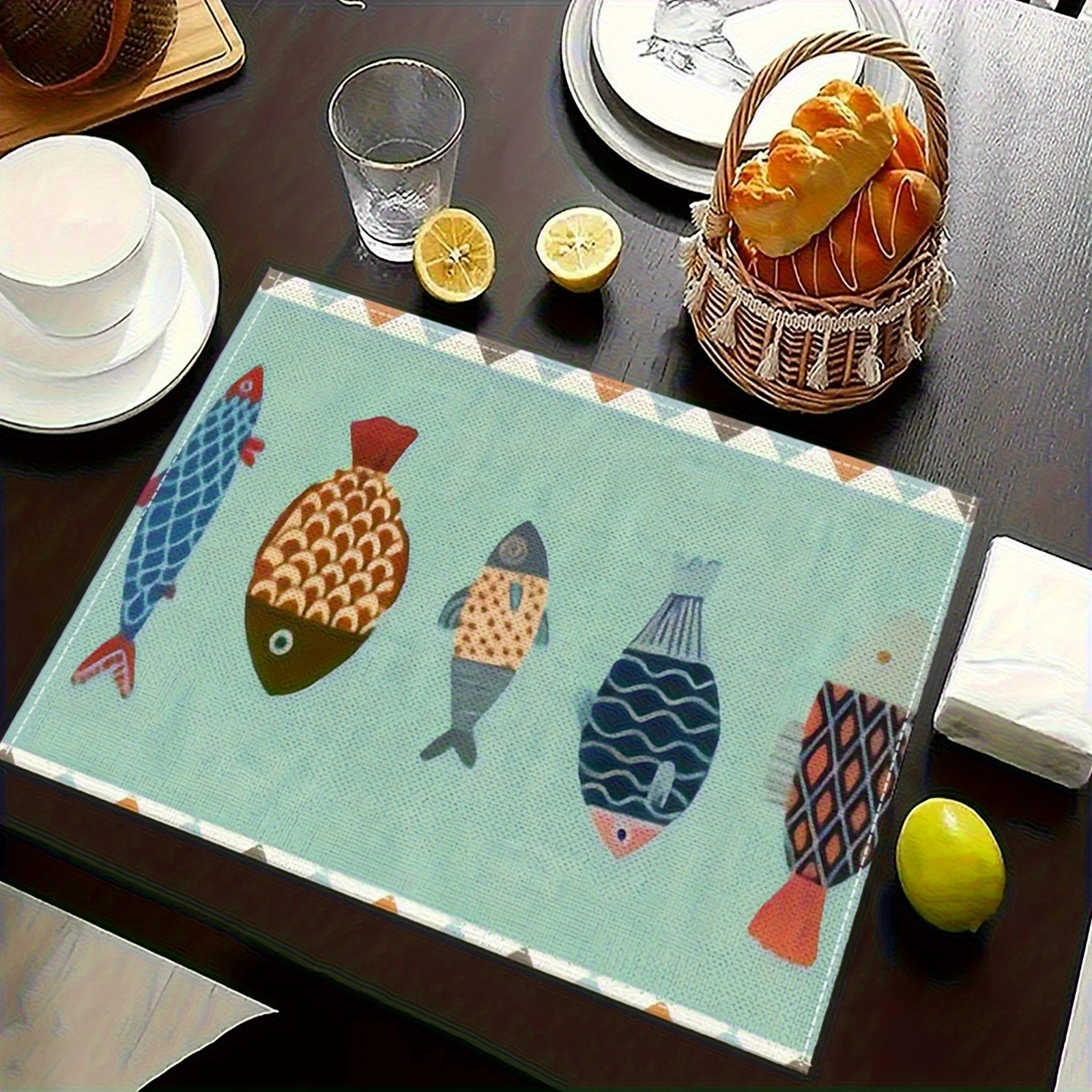Cartoon Colorful Fish Printed Placemats Heat Resistant Nautical Table Decor Beach Theme Party Daily Family Dining Ornaments