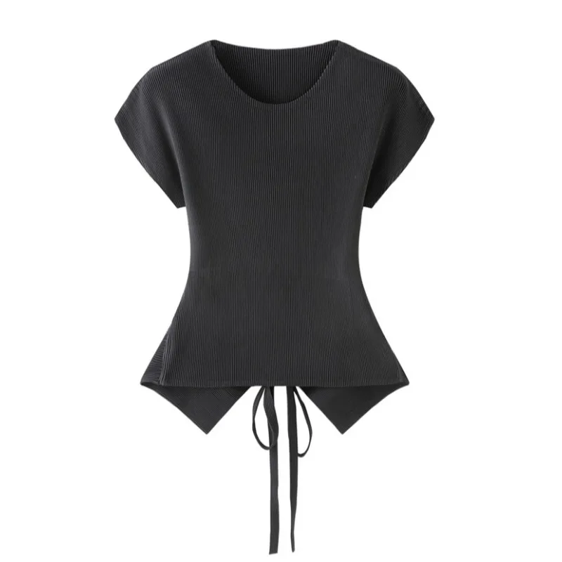 

Miyake Pleated T-Shirt 2026 Summer New Simple Casual Solid Color Fashion Tie Top Women's Lightweight Stretch Elegant Clothing
