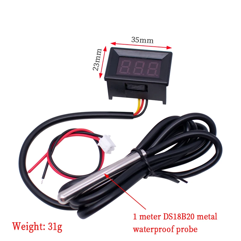 Cyfrowy termometr DS18B20 wodoodporny czujnik temperatury IC Tester wyświetlacz LED DC4-28V -50 ~ 125 celsjusza 0.36 Cal czerwony niebieski — zdjęcie produktu 2
