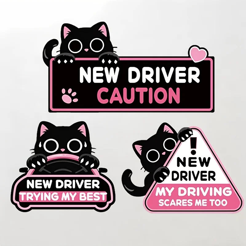 Cute Black Cat New Driver Caution Vinyl Sticker Pack,Funny Novice Driver Warning Decals for Car Rear Window,Bumper Decor