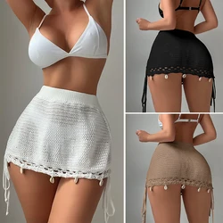 Summer Holiday Knitted See-Through Beachwear Cover Up Side Tie Up Short Skirt Women's Sexy Hollow Out Tunic Skirt With Seashells