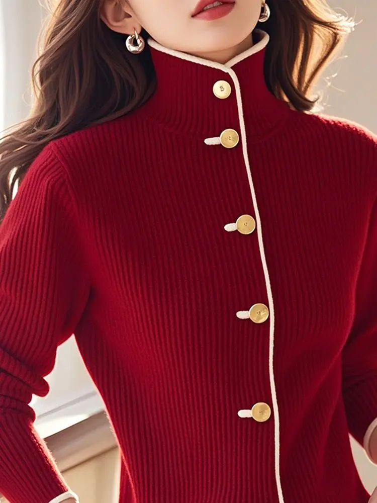 New Chic Red Knit sweater Long Sleeve Turtleneck Cardigan Women Fall winter Elegant Lady Commuter Casual top Knitwear