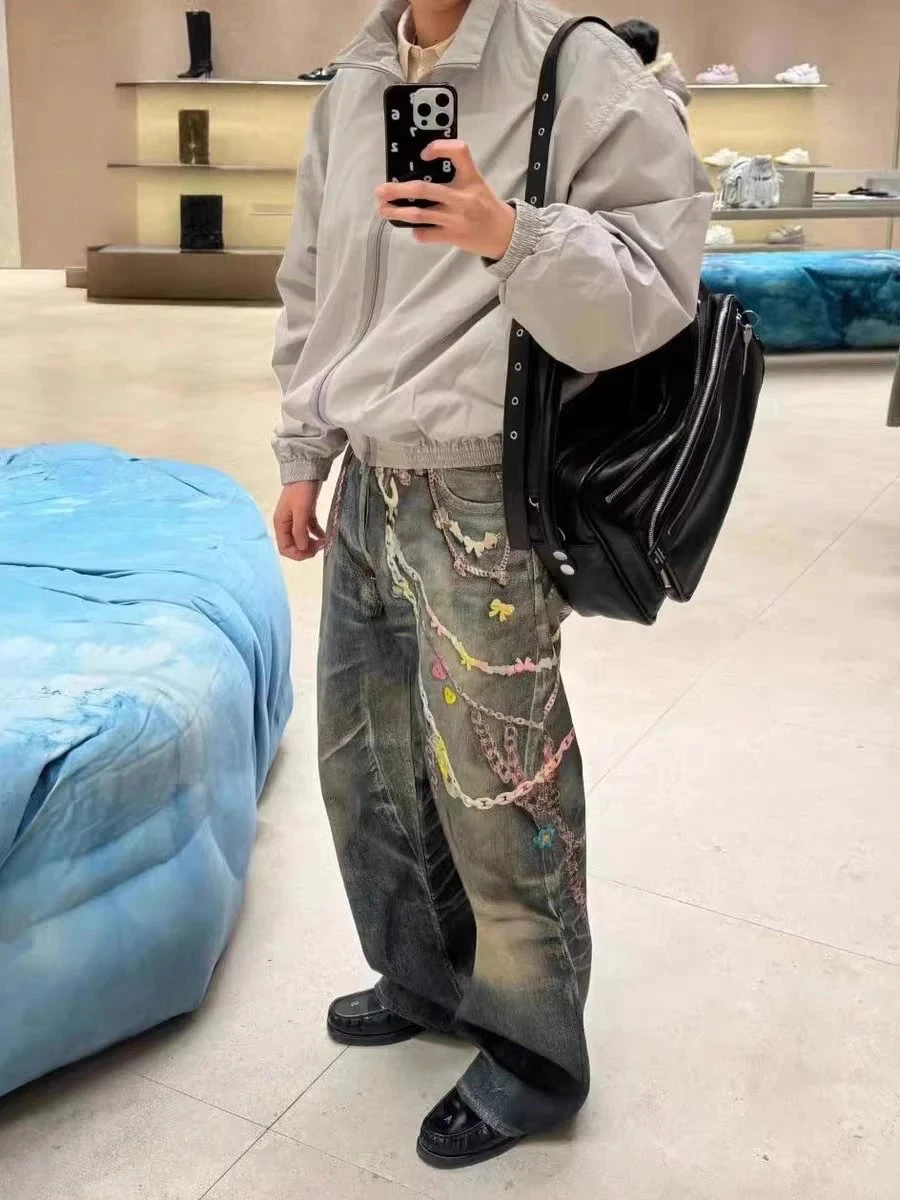 

Candy Chain Print Wide Leg Straight Cut Jeans Casual Fashion Urban Style mid Waist Zipper Fly Teenager Suitable Autumn Long P...