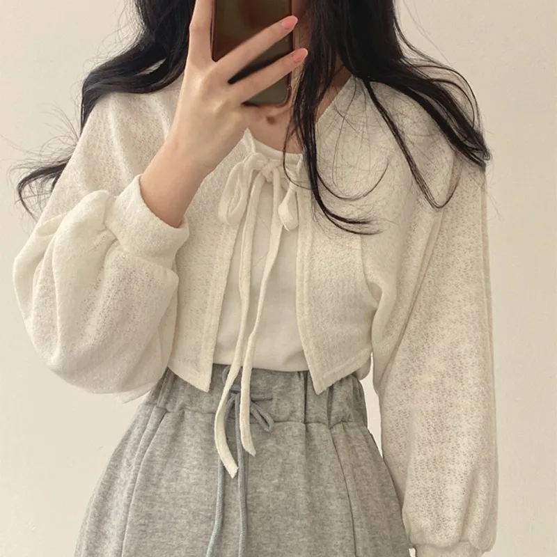 Thin Solid Color Short Sun Protection Cardigan Korean Style Coat Lantern Sleeves Versatile Vintage Lace up Sweater Blouse