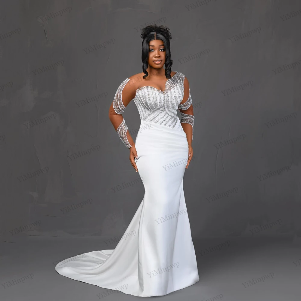 

Beading Africa Mermaid Wedding Dresses 2026 Illusion Sleeve Scoop Neck Corset Back Mermaid Elegant Bride Dress Customized