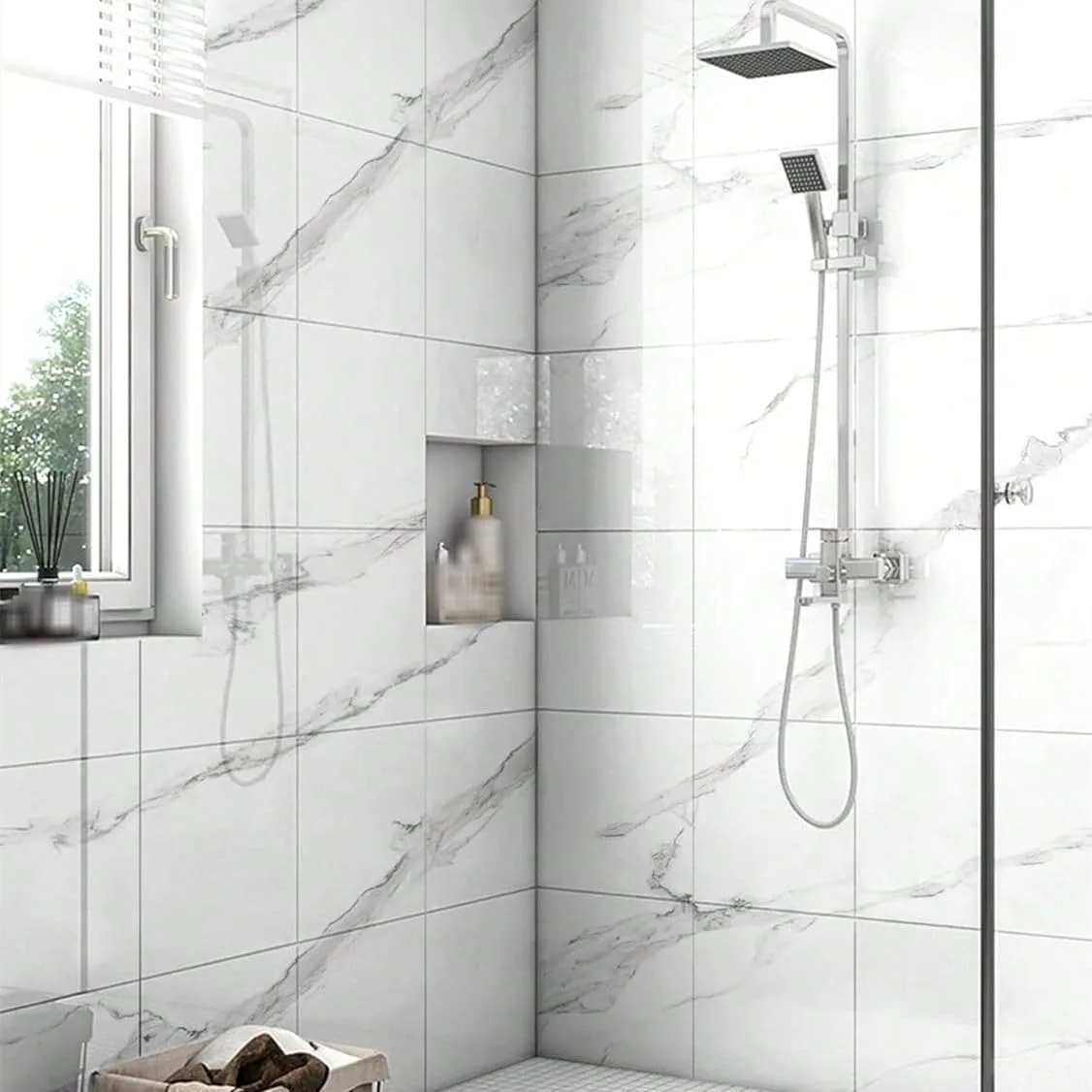 PVC Marble Self-Adhesive Thickened Tile Wall Sticker Bathroom Waterproof Floor Sticker Bedroom Living Room Decoration