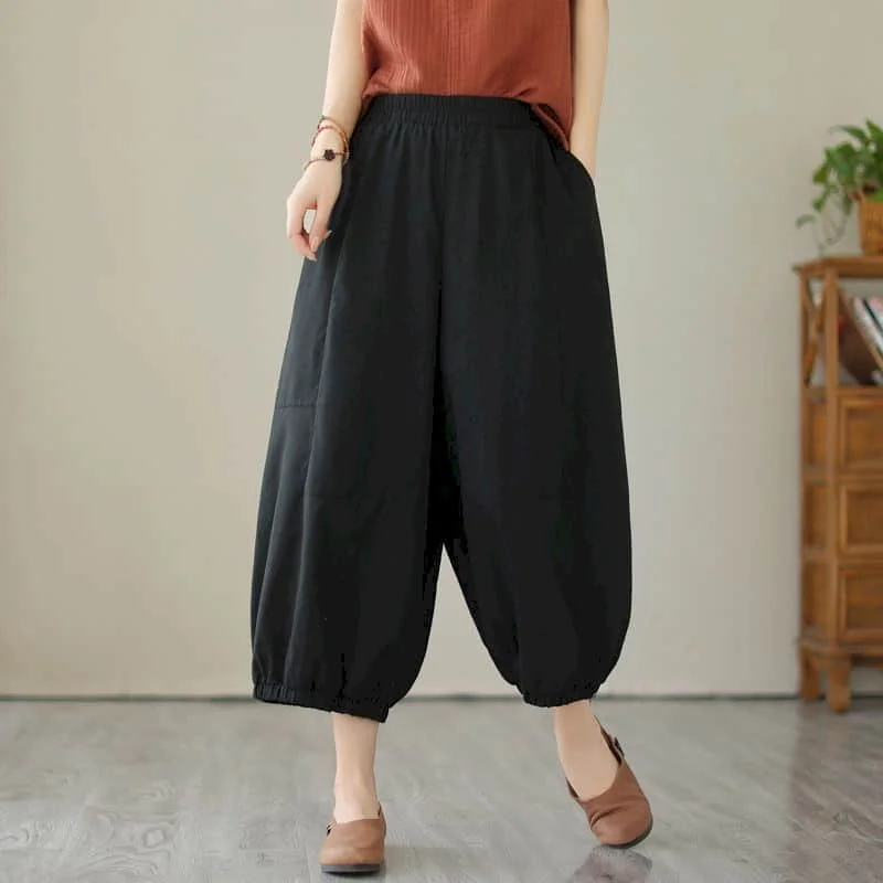 

Casual Straight Pants Elastic Waisted Solid Literary Bud Lantern Trousers Loose Summer Streetwear Korean Style Women Clothing