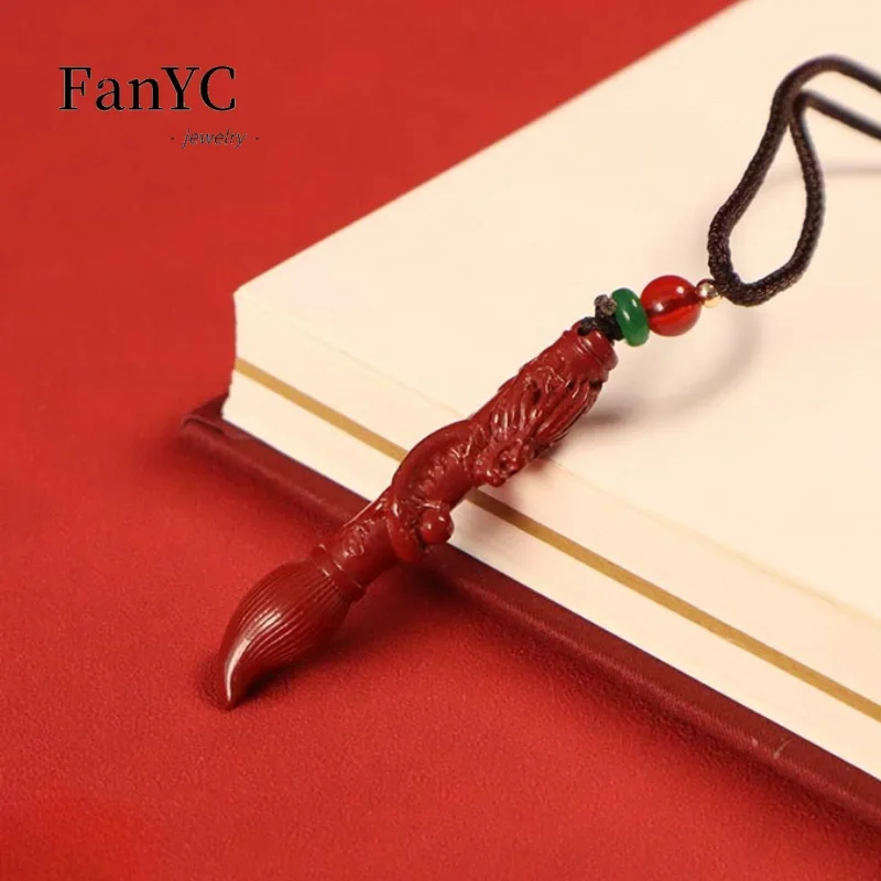 Natural Cinnabar Wenchang Pen Panlong Pen Pendant Hand-carved Delicate Charm Purple Gold Sand Necklace Men & Women Holiday Gift