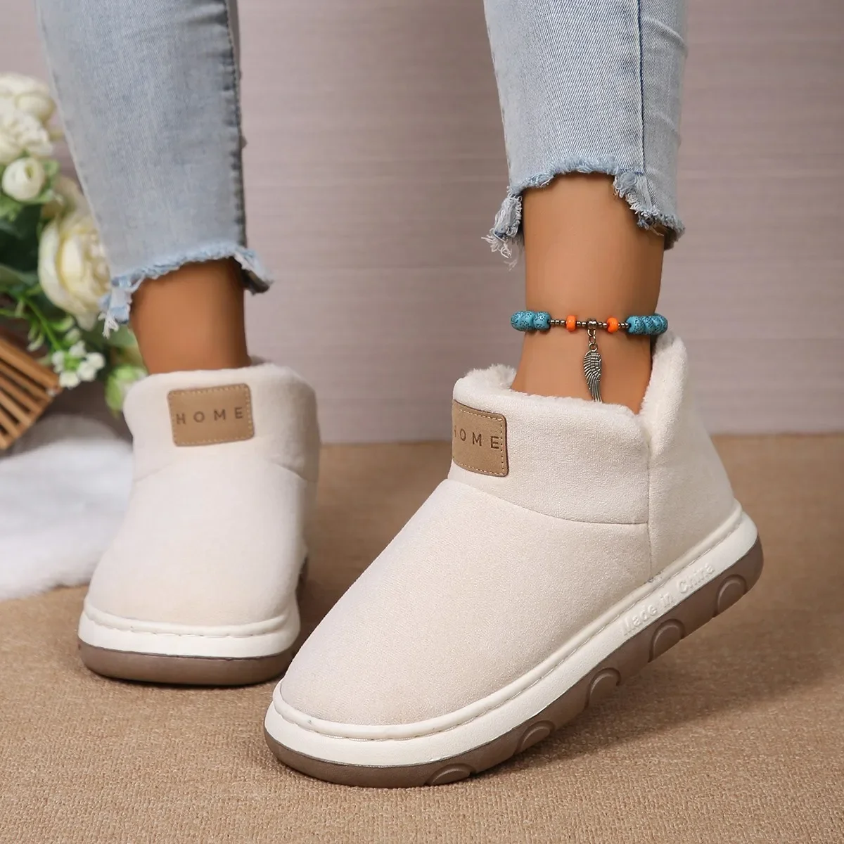 

Pop 2024 New Women's Snow Boots Warm Thick Bottom Plush Ankle Boots Women's Solid Color Round Head Thick Bottom Cotton Boots