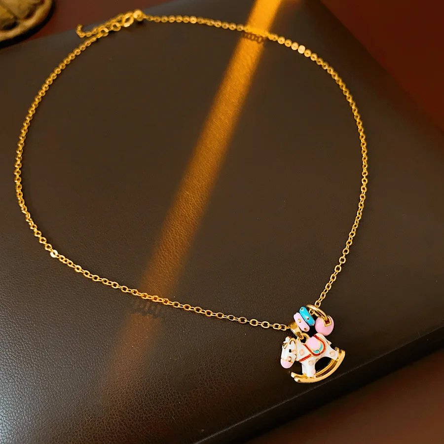 

Cartoon Enamel Drip Rotating Horse Merry-go-round Choker Necklace Fun Donut Design Children's Sweet Charm Jewelry