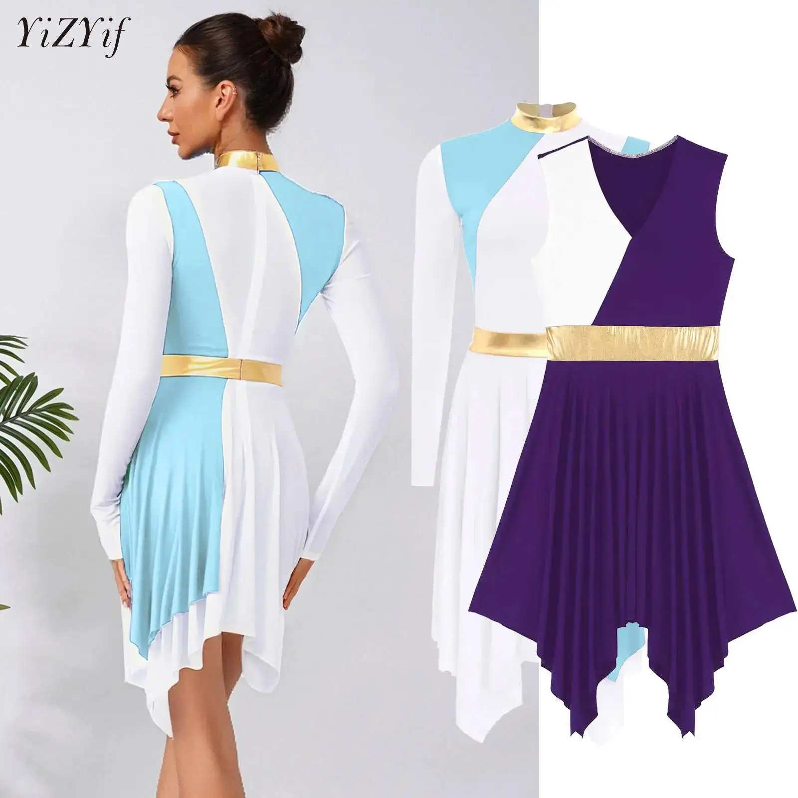 

Womems Praise Dance Performance Dress Patchwork Long Sleeve Lyrical Dance Dresses Church Worship Choir Dancewear Stage Costume