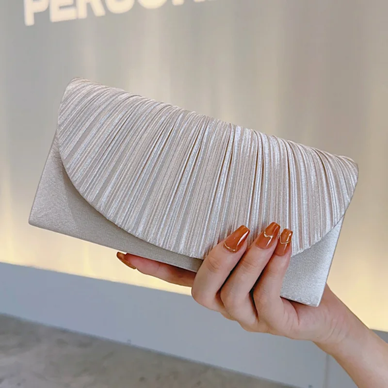 

2025 New Satin Evening Bag for Women,Fashion Arc Pleated Flap Clutch,Elegant Crossbody Purse for Banquet Dress and Formal Events