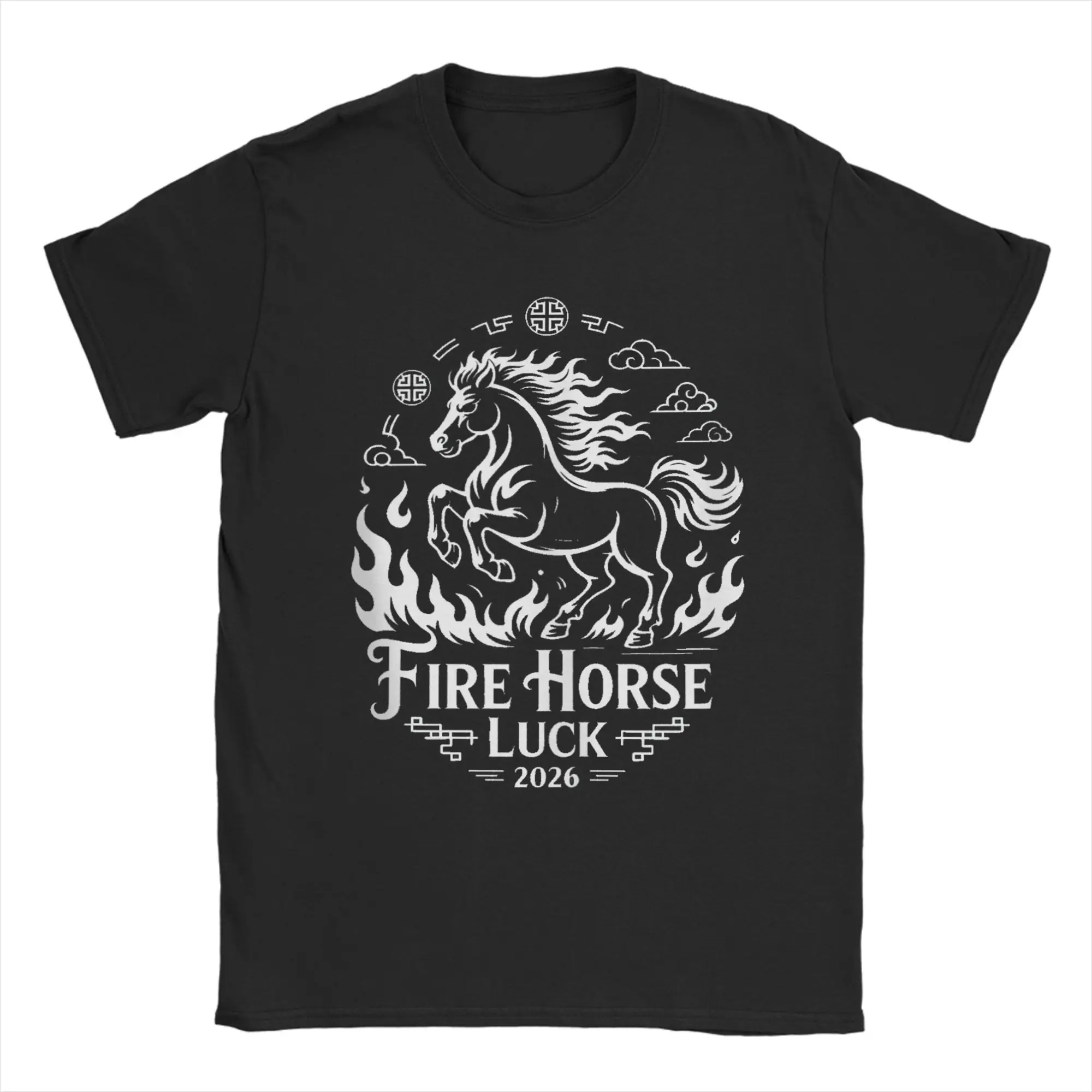 

Футболка мужская летняя винтажная с принтом «Огненная Лошадь» к Китайскому Новому году 2026, хлопок, круглый вырез, модный дизайн, топ