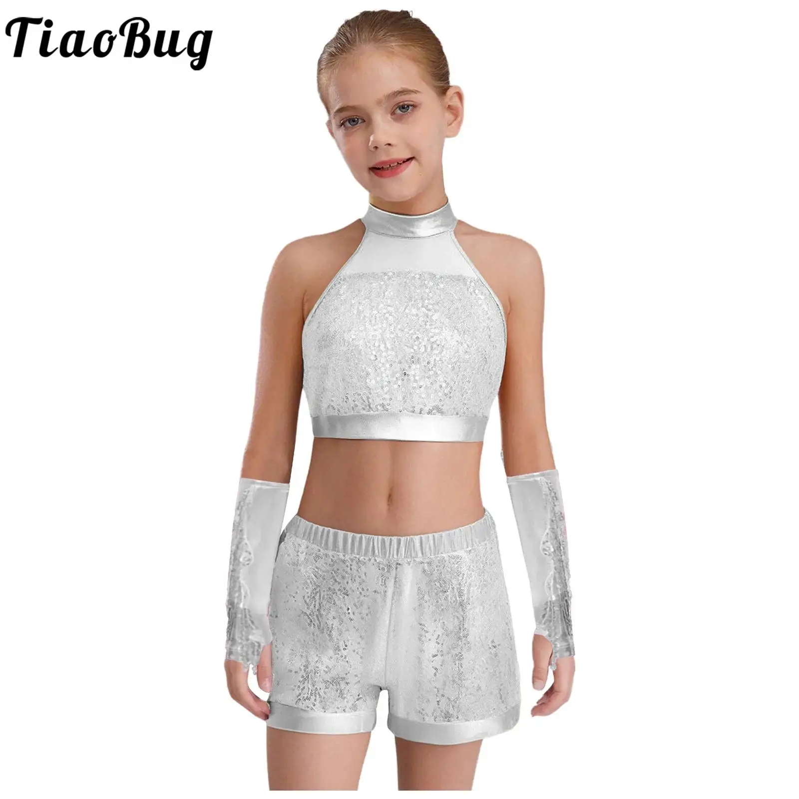 Girls Jazz Hip Hop Dance Outfits Metallic Sequin Crop Tops with Shorts Tassel Arm Sleeves Kids School Party Cheerleading Costume