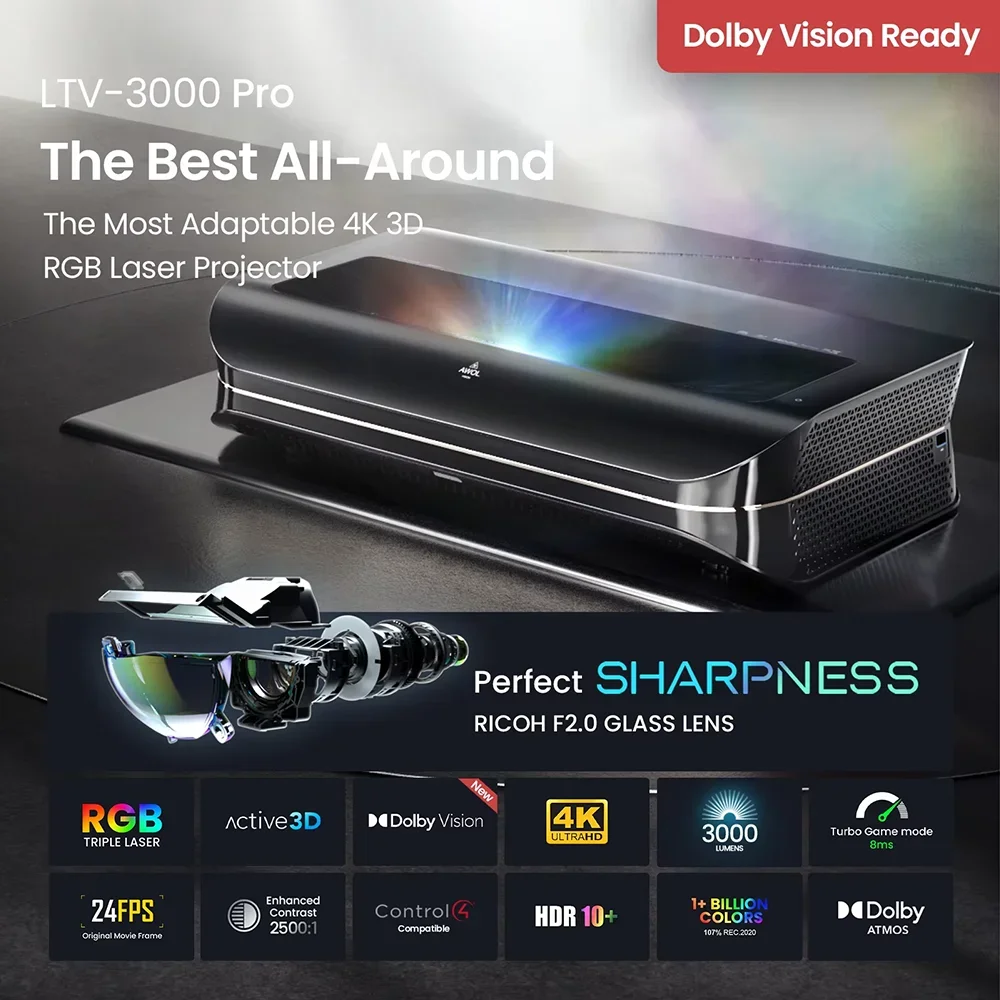 AWOL Vision LTV 3000/ 3500 Pro 4K Ultra Short Throw Laser Projector 4k Laser Projeteur HDR10+ HD 3D Triple Laser 4K Projector