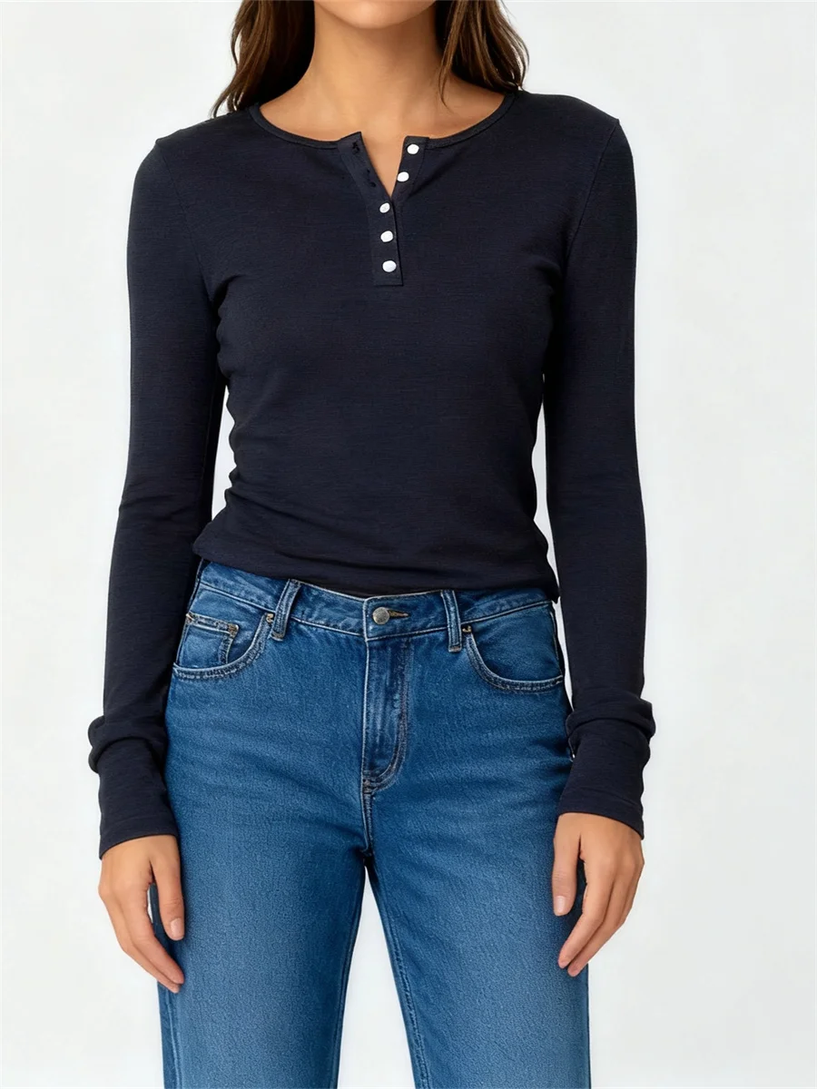 90s Vintage Graphic Women's T-Shirt Solid Color Crew Neck Button Front Long Sleeve Slim Fit Tops Casual Basic Shirts Streetwear