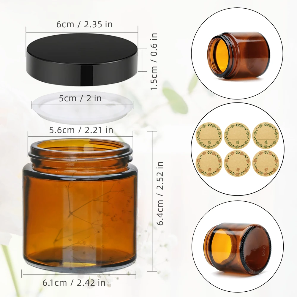 Glass Candle Jars, 4oz Amber Round Glass Jars with Lids & Labels for Making Candles Bulk, Small Wide Mouth Container, 6pcs 100ml