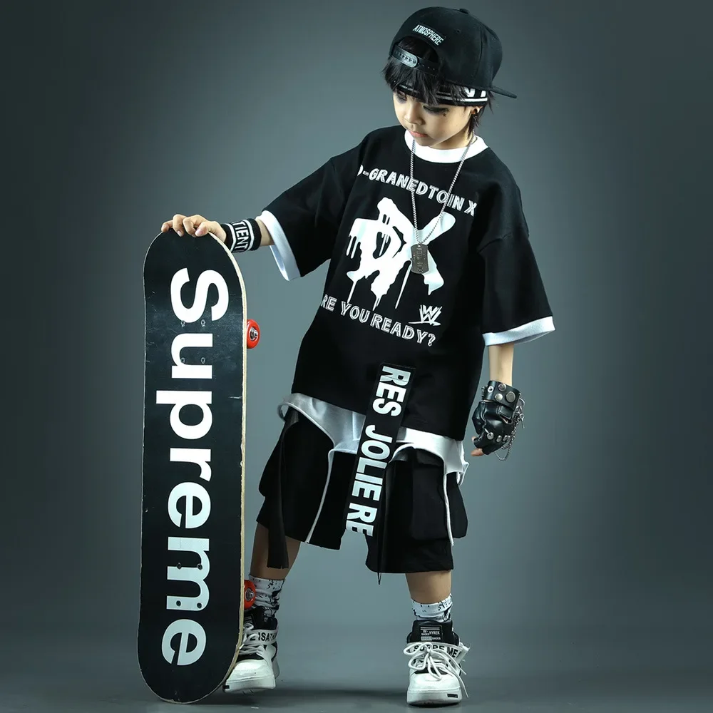 6-15 النسخة الكورية من بدلة الهيب هوب للأطفال أداء رقص الجاز سكيت ملابس رياضية جديدة للأولاد مجموعة طبلة صيفية مكونة من قطعتين