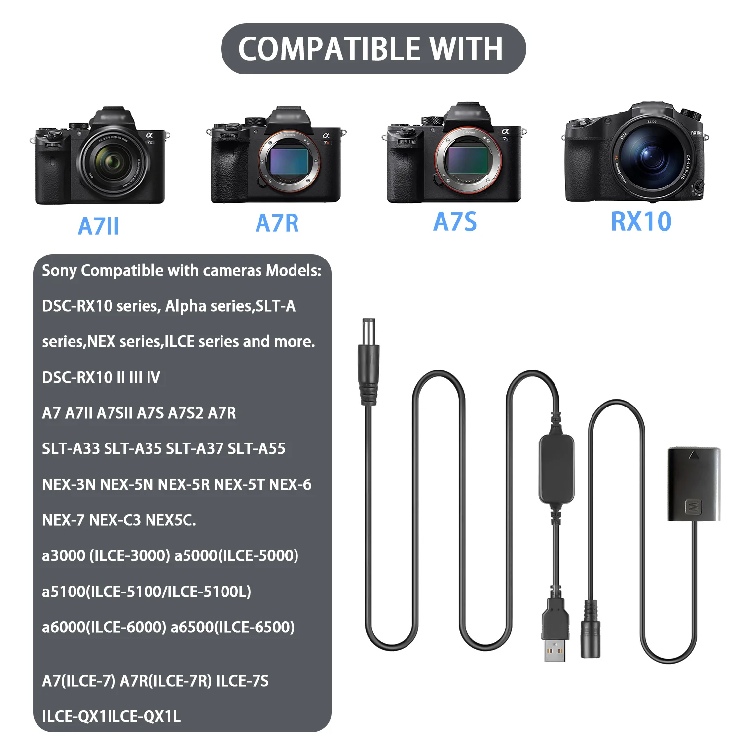 KUTOU Replacement USB AC-PW20 Power Adapter DC Coupler and NP-FW50 Dummy Battery Kit For Sony a3000 a5000 a6000 RX10 III Camera