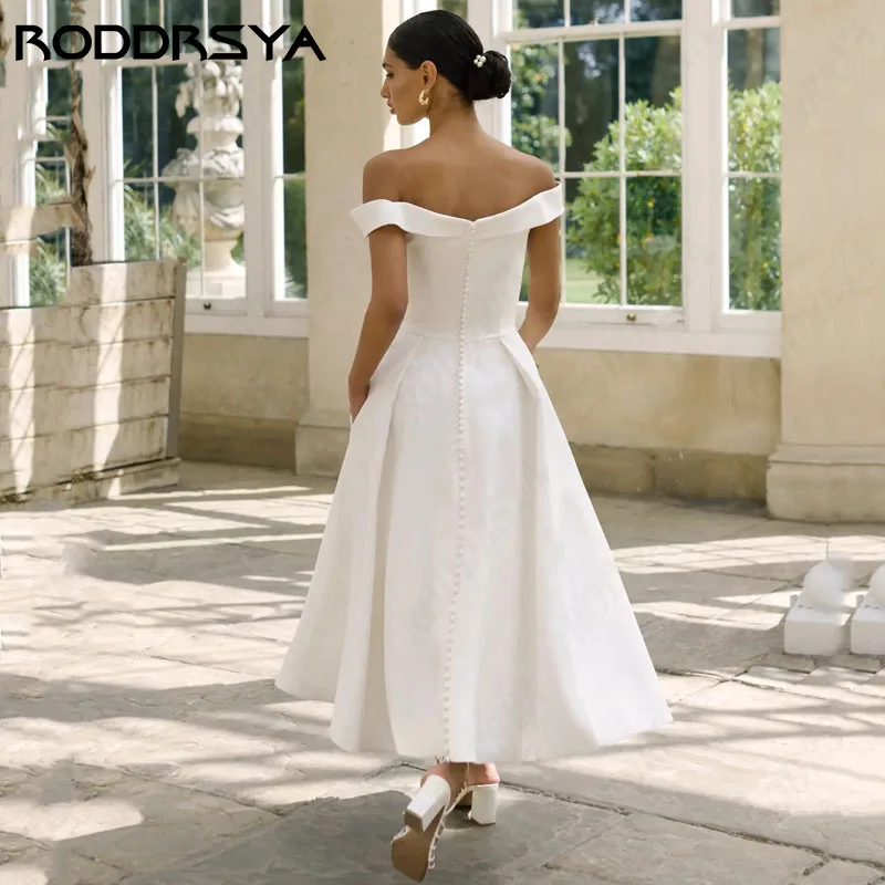 RODDRSYA Simple Soft Satin Wedding Dresses Off Shoulder Elegant V-Neck Tea-Length robe de soirée Boho Bridal Party Custom Made