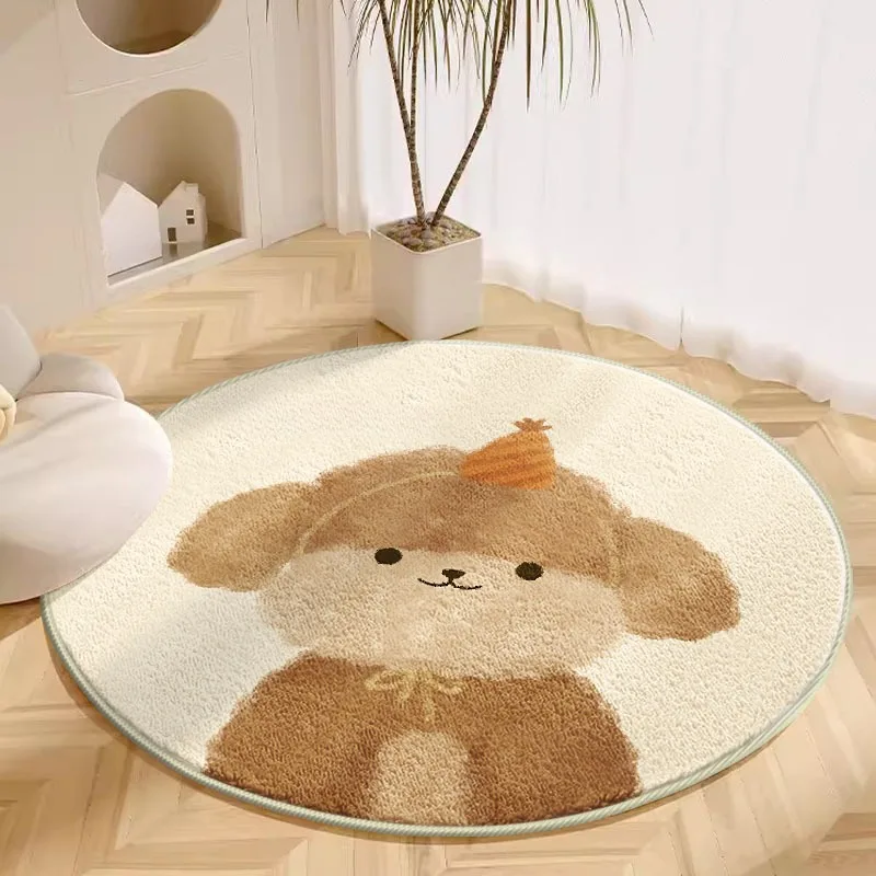 

Cute Round Living Room Large Area Carpet Cartoon Animal Pattern Children's Carpet Beige Girl's Bedroom Rug Cream Style Plush Rug