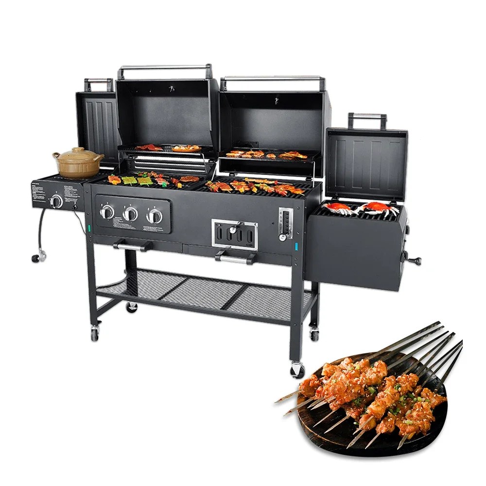 

Outdoor Garden Large Gas And Charcoal Grill Combo Smokeless Barbecue Bbq Commercial Grill Trolley With Smoker Oven