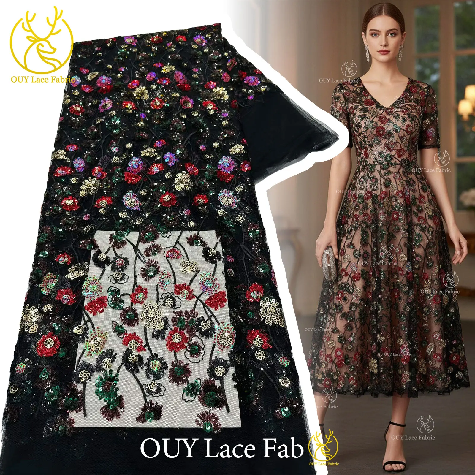 

Hot Sale African Embroidery Sequins Lace Fabric 2026 High Quality French Nigerian Sequins Lace Fabric For Women Evening Dress
