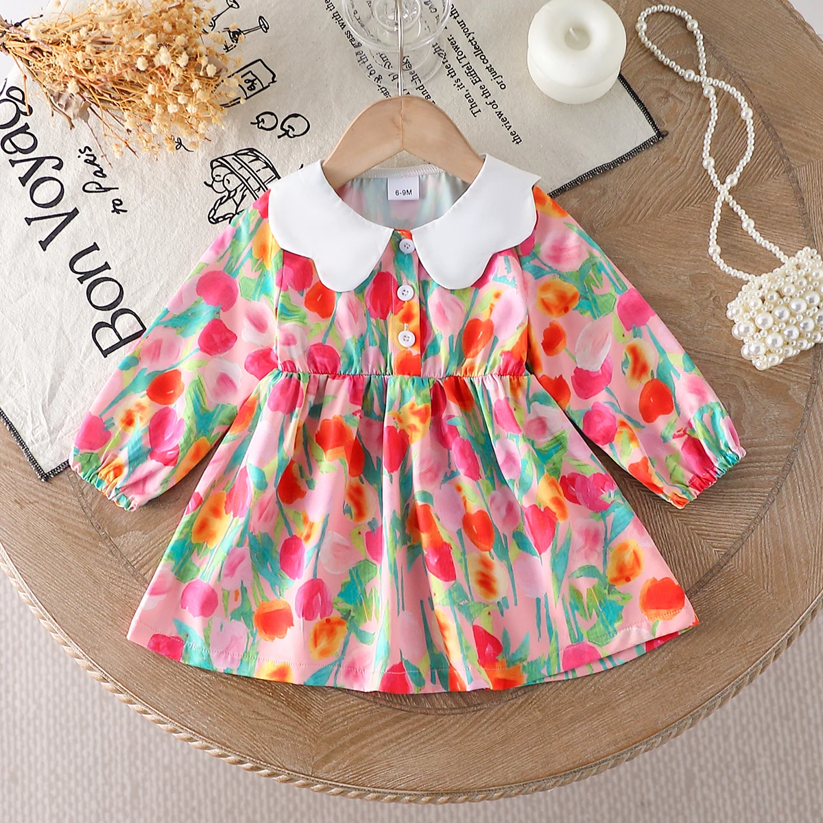 Romantic oil painting style baby girl's full-body printed dress with front opening buttons, autumn (excluding bag)