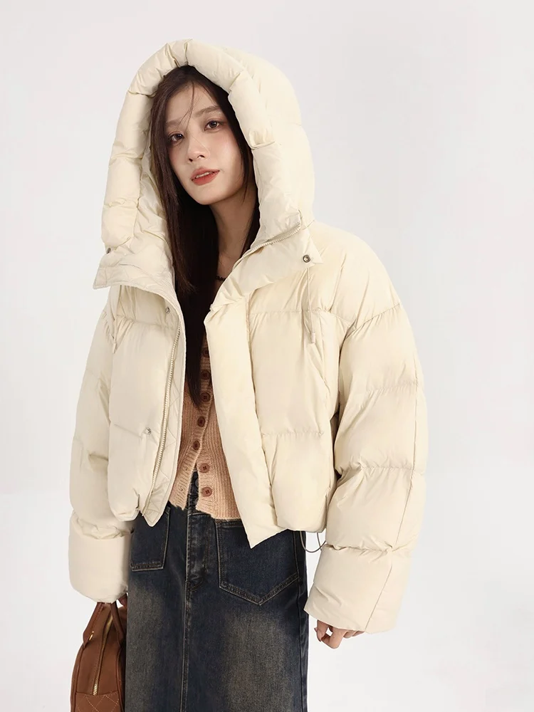 

Короткая женская пуховая куртка цвета кофе с капюшоном, с наполнителем из утиного пуха, в корейском стиле, приталенная, с длинными рукавами, на молнии