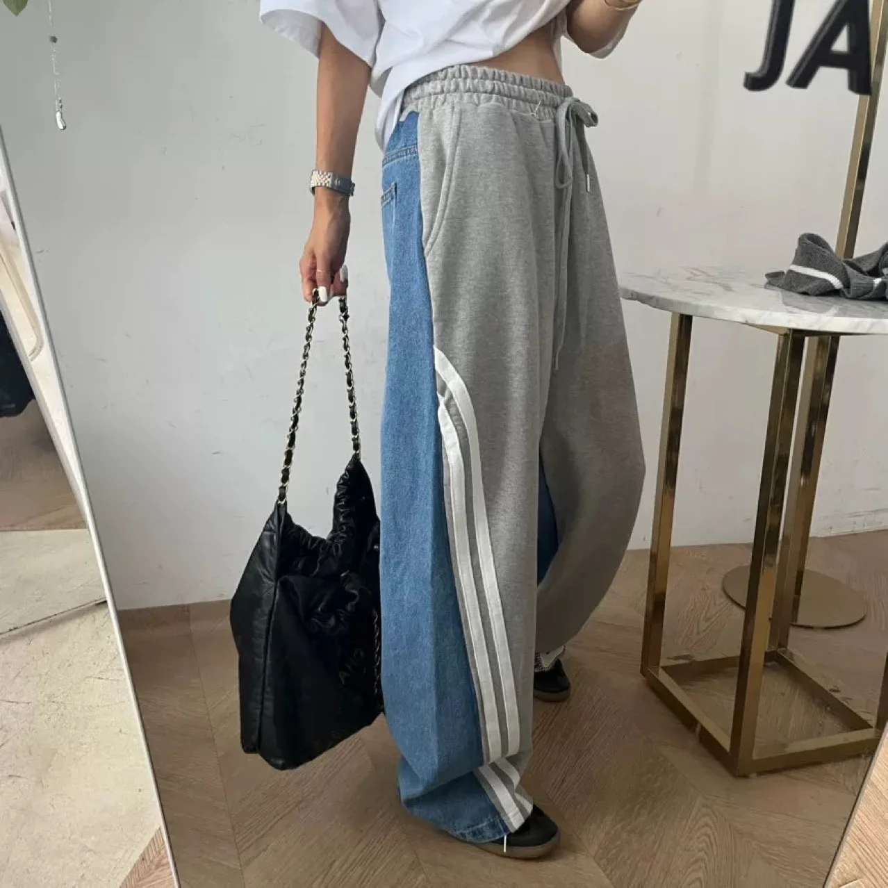 SuperAen Korean Style Fashion Design Denim Striped Patchwork Casual Pants Autumn High Street Elastic Waist Loose Wide Leg Pants