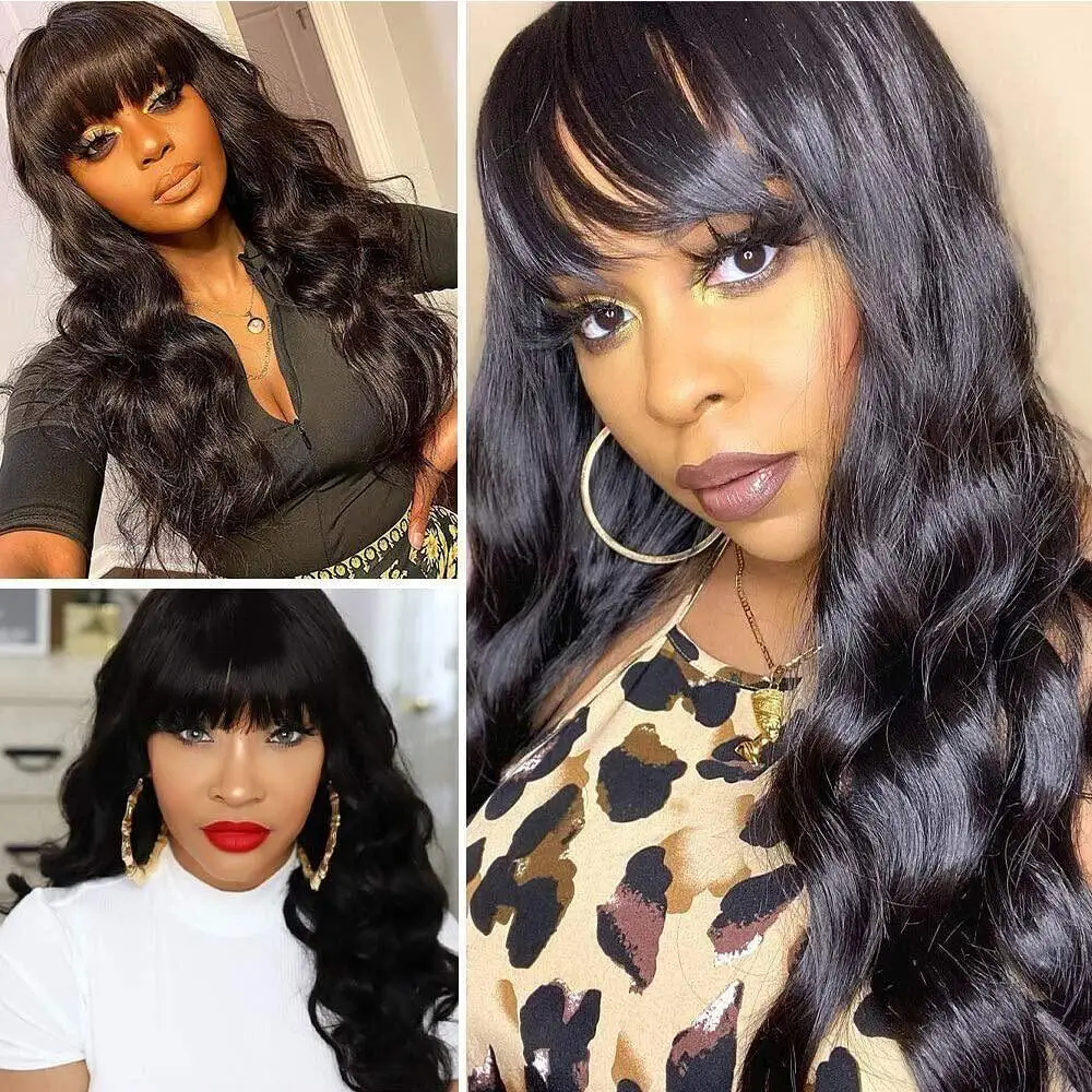 

Бесшовные парики из натуральных волос с волнистой текстурой и челкой, бразильские волосы Реми, машинная работа, естественный цвет, для женщин, плотность 150%