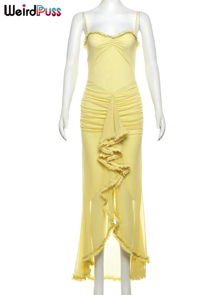 Strano Puss Ruffles Vestito dalla fasciatura Donna Sexy Backless Senza maniche Nappa Collo in pizzo Vedere attraverso le fessure Orlo Prom Party Lungo aderente