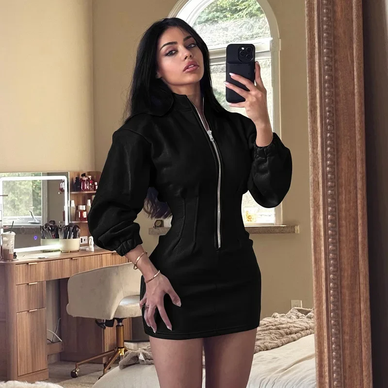 Chaxiaoa Long Sleeve Zipper Mini Dresses Women Vestidos 2025 Autumn Winter New Stand Collar Waisted Bodycon Dress Black Beige