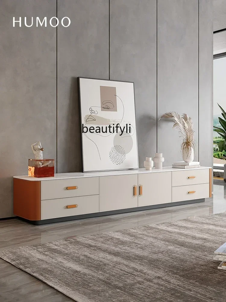 

FLight Luxury Saddle Leather TV Cabinet Living Room Designer High-End New Solid Wood Stone Plate Floor CabinetA