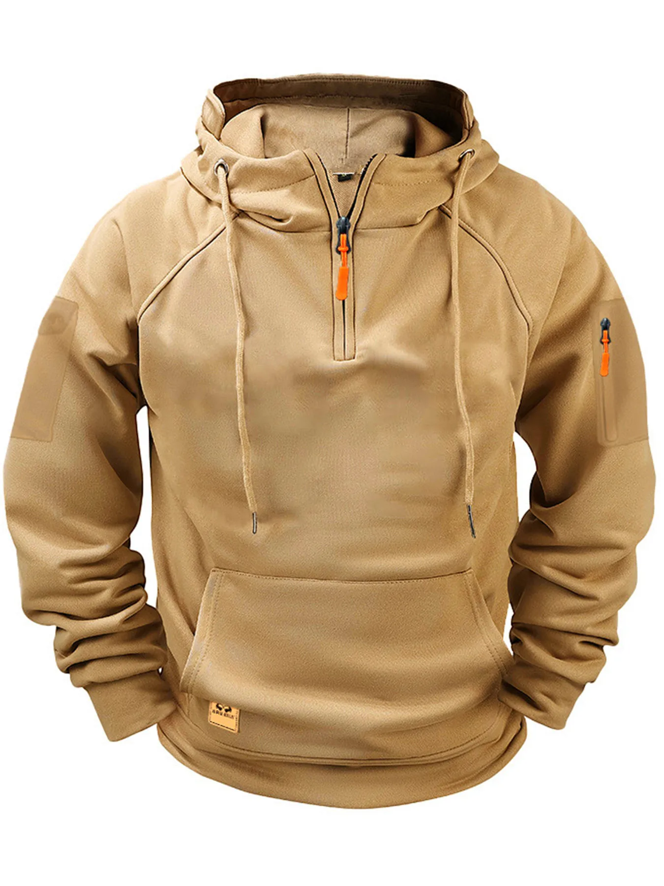 Winter men's pullover hoodie with hood, tactical zipper, multiple pockets, pullover style, sporty casual long-sleeved coat