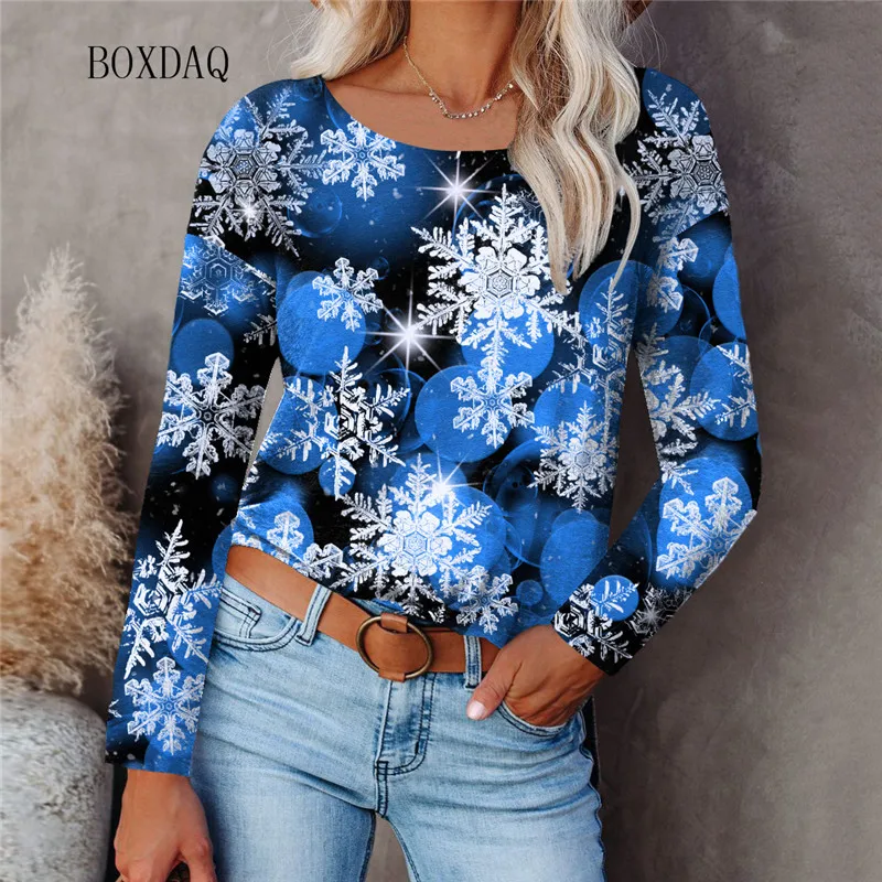 Christmas Outfit Style Women T-shirts Autumn Winter Long Sleeve 3d Print Street Ladies Tee Merry Christmas Female Tops Big Size