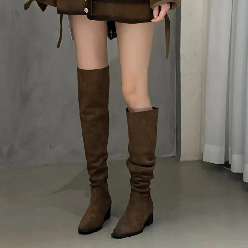 Women Elastic Slimming Suede Long Loots Autumn/Winter Fashion Female Square Toe Low Heel Over The Knee High Booties Botas Mujer - view 3