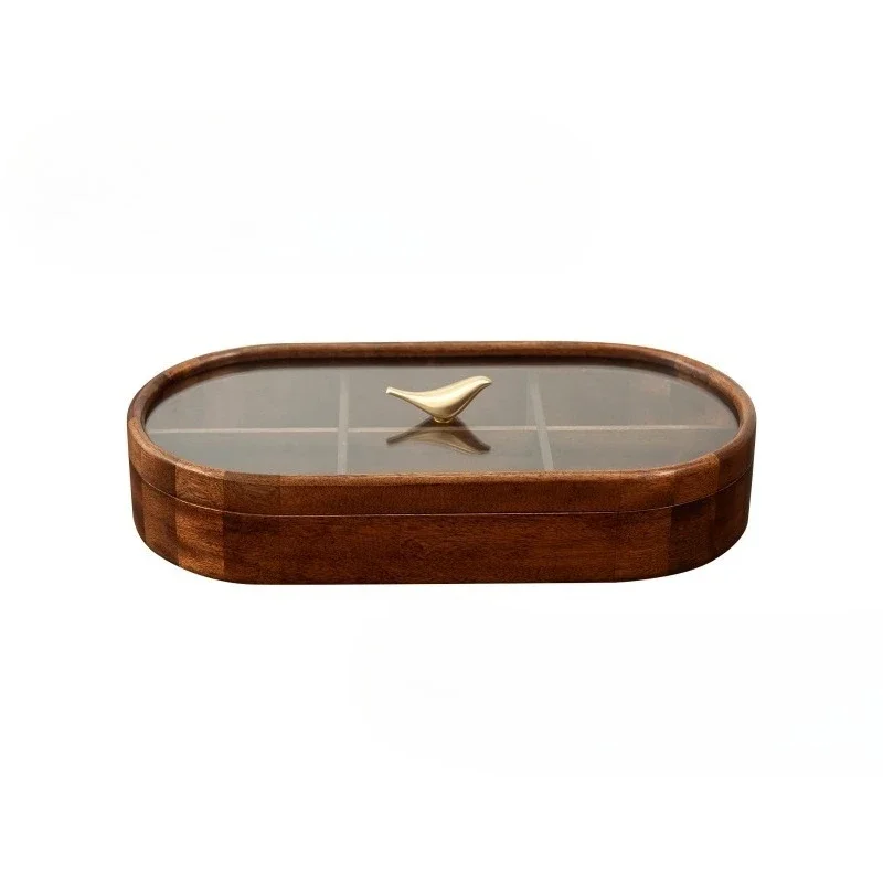 

Black walnut wooden compartment with lid box, light luxury snacks and high transparency, desktop dried fruit storage box