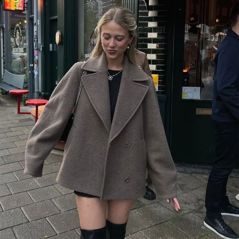 Women Coffee Notched Lapel Double Breasted Cropped Wool Jacket Korean Wide Lapel Outfit 2026 Ladies Daily Office Apparel