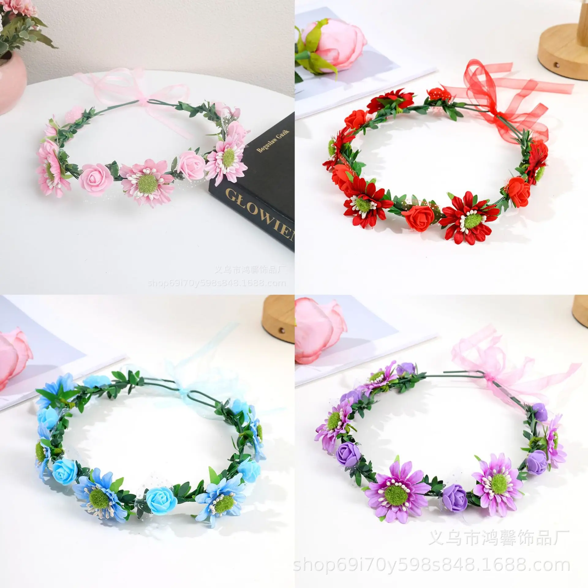 

Seaside Vacation Wreath Headband Women'S Mori Bridal Headdress Simulated Fabric Floral Garland Party Flower Crown Hair Acces