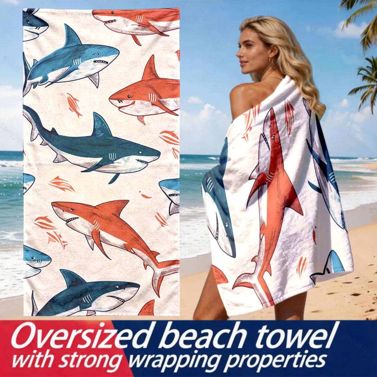 Hand-drawn color-matched shark theme polyester microfiber beach towel highly absorbent, suitable for swimming and beach outings