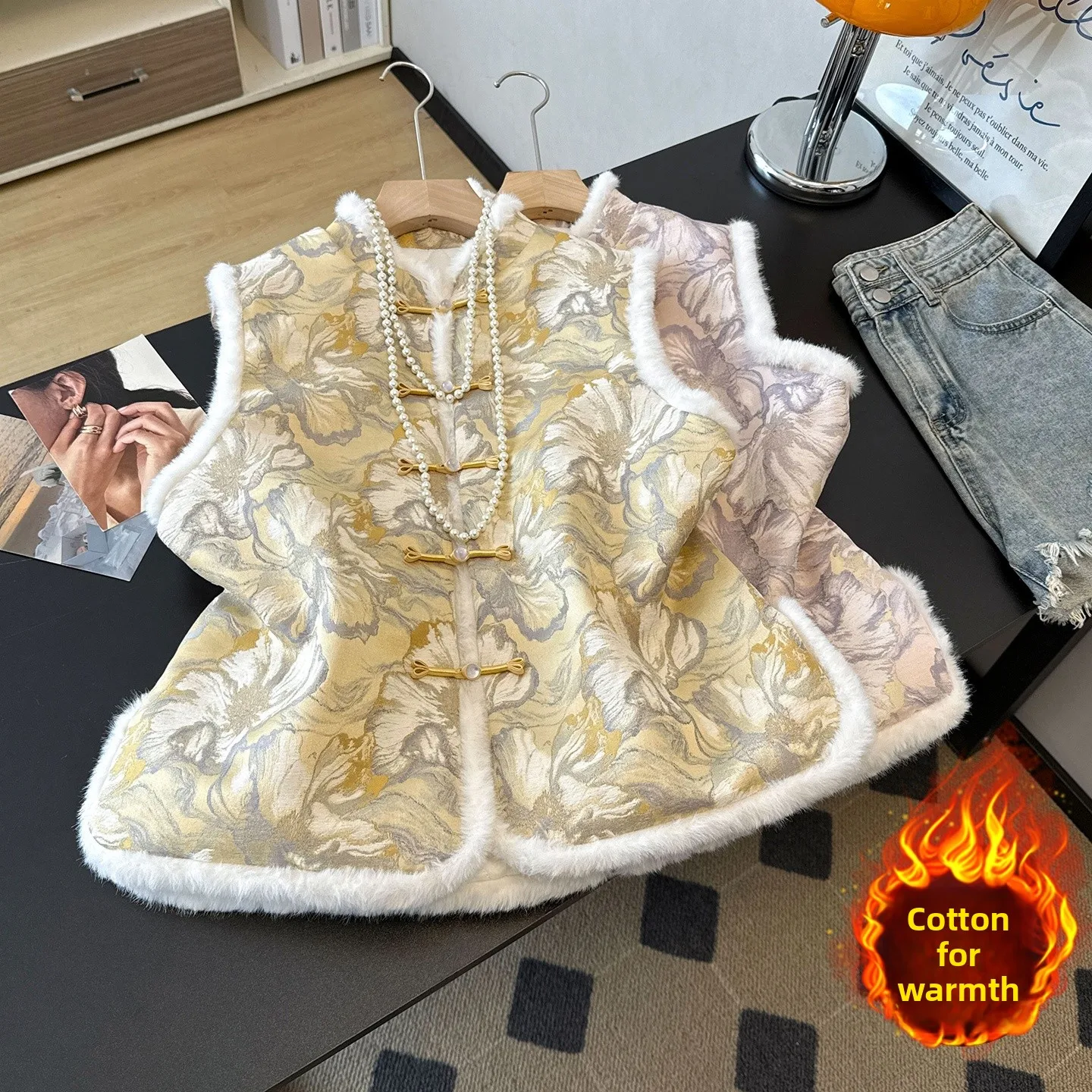 

Новый китайский танский костюм из бархата с улучшенной вышивкой, тканый жаккард, воротник-стойка, утепленный хлопковый теплый жилет