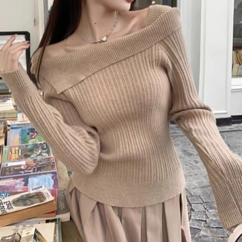 

Autumn Women Elegant Fashion Square Neck Knitted Pullover Sweater One-word Shoulder Winter Long Sleeve Tops Casual Loose Shirt