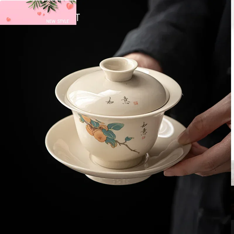 

Chinese Tradition Ceramic Tea Tureen Teacup Hand-painted Persimmon Gaiwan Handmade Porcelain Tea Bowl Home Tea Set Accessories