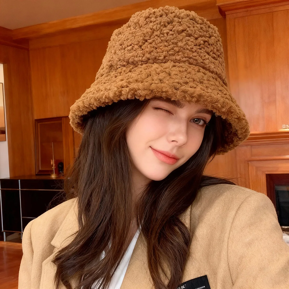 Plüsch-Fischerhut für Damen, Herbst und Winter 2026 Neuer Stil, Fleece-Gefüttert, Warm, Koreanischer Stil, Trendig, Vielseitig, Einfarbiger Bucket Hat für Unterwegs