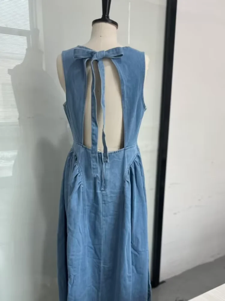 캐주얼 라운드 넥 레이스 업 백 레스 데님 드레스 민소매 하이 웨이스트 루즈 지퍼 가운 여... - 5