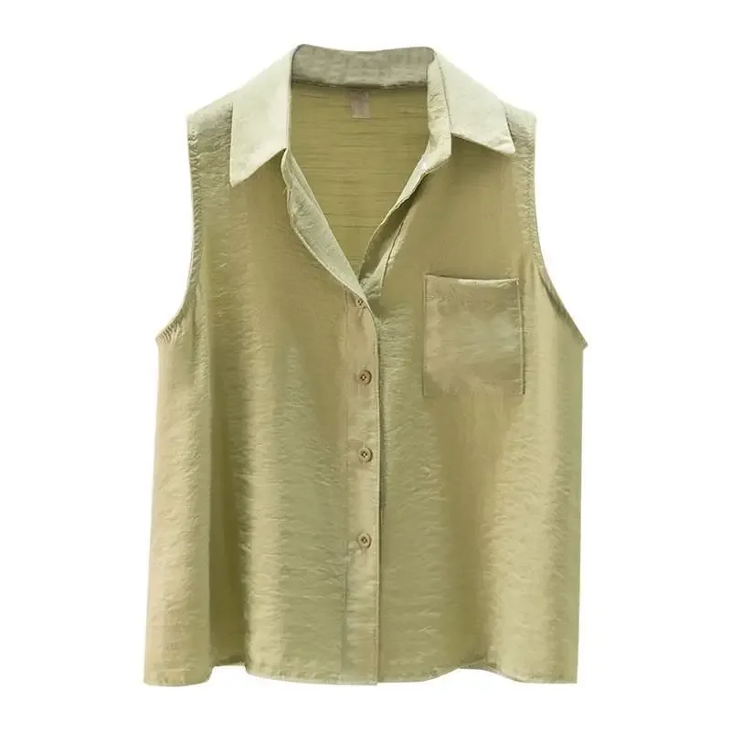 Sleeveless Solid Casual Polo-Neck Single Breasted Vest Loose Women's Blouse Shirt Korean Fashion Female Clothing Tops 2025