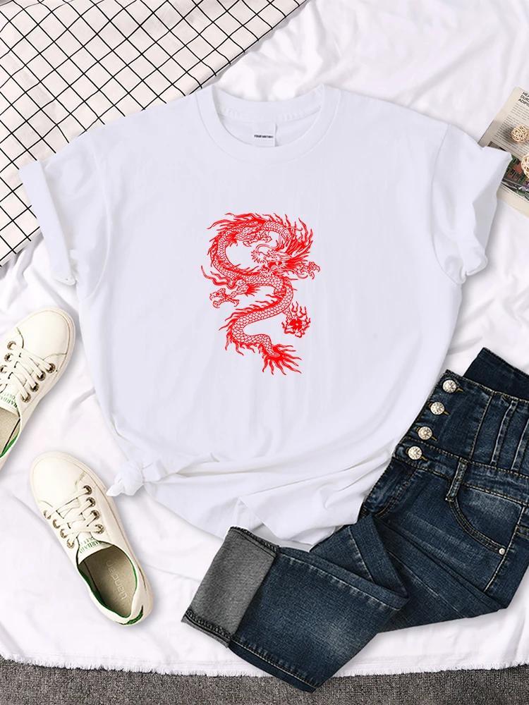 Females Short Sleeve Red Dragon Cartoon Animal Print Top Women Summer Oversize Slim Round Neck T Shirt Woman Cozy Breathable Tee