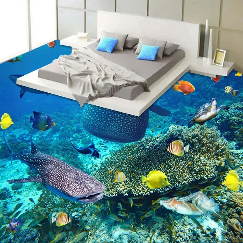 Custom Photo Shark Fish Seaweed Coral 3D Floor Murals Wallpaper Living Room Bathroom PVC Waterproof Self-adhesive Floor Sticker